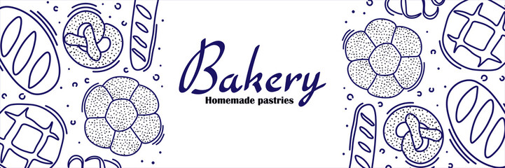 Trendy Vector horizontal background for bakery or cafe.Illustrations of buns,bread,baguette,and other pastries for packaging,labels,or signage.Line Art of food for banner, flyer or menu.Lettering