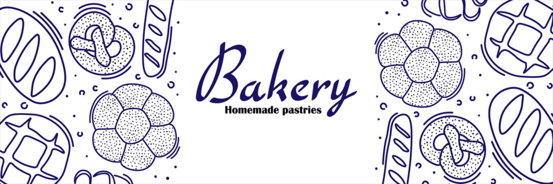 Trendy Vector horizontal background for bakery or cafe.Illustrations of buns,bread,baguette,and other pastries for packaging,labels,or signage.Line Art of food for banner, flyer or menu.Lettering
