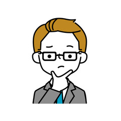 悩む表情とポーズの眼鏡をかけたビジネスマンのシンプルなイラストアイコン