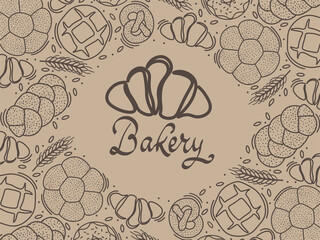 Trendy vector design for bakery or cafe.Illustrations of buns, bread,baguette, and other pastries for packaging, labels,or signage.Line art illustration of food for banner,flyer or menu.Lettering.