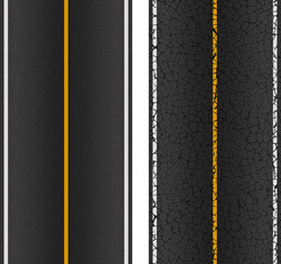 Two options for the texture of the road, new and old cracked. With markings of white solid stripes on the left and right, and one solid yellow stripe in the middle.