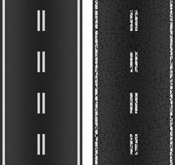 Two options for the texture of the road, new and old cracked. With markings of white solid stripes on the left and right, and two intermittent white stripes in the middle.