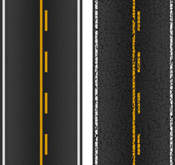 Two options for the texture of the road, new and old cracked. With markings of white solid stripes on the left and right, and one solid and one intermittent yellow stripe in the middle.