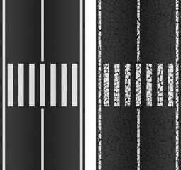 Two options for the texture of the road, new and old cracked. Pedestrian crossing across the road of seven white lanes. With markings of white solid stripes on the left and right, and one solid white 