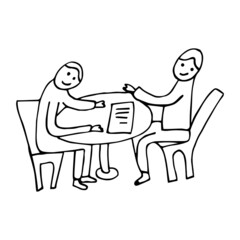 Meeting of business people, negotiations on a business project. Business people do business. Isolated vector illustration. Doodles. Coloring for children and adults. Cartoon. Comics