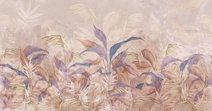 tropical leaves on a light beige background with textural backgrounds, photo wallpaper in the interior © Viktorious_Art