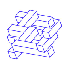 Impossible shapes, optical illusion logo in trendy 2022 Very Peri color, vector. Optical art objects. Geometric figures.