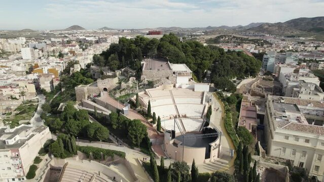 Torres Park auditorium next to ancient Roman amphitheater, Cartagena; drone