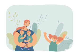 Mother with sons in hands and daughter flat vector illustration. Cute eldest daughter asking to be held by her mother. Motherhood, family concept for banner, website design or landing web page