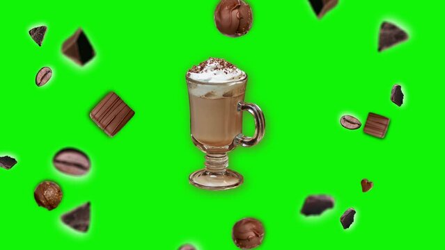 Animated chocolate crumbs and coffee beans of different direction move and wiggle in the air around a cup of latte coffee on Green Screen. Banner for morning Breakfast drink coffee shop Template. Slow