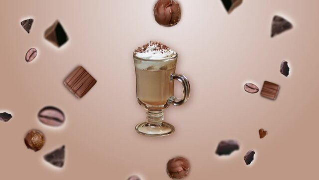 Animated chocolate crumbs and coffee beans of different direction move and wiggle in the air around a cup of latte coffee on a beige gradient background. Banner for morning Breakfast drink coffee shop