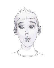 Portrait of a funny little boy. Pencil drawing, gray sketch. Illustration of a funny child. Painting for interior, gift, website.