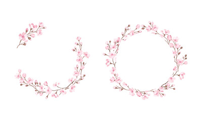 Twigs of Sakura or Cherry Blossom Arranged in Border Vector Illustration Set