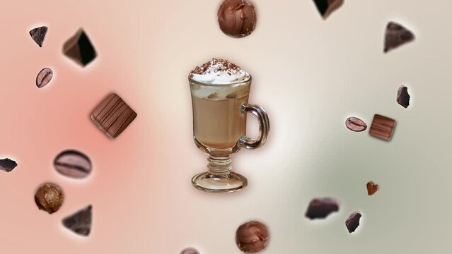 Chocolate crumbs and coffee beans flying in the air among ground cup of  latte coffee on trending pastel multi-colored animation background. Flying motion graphic invigorating Good morning drink. 4k v