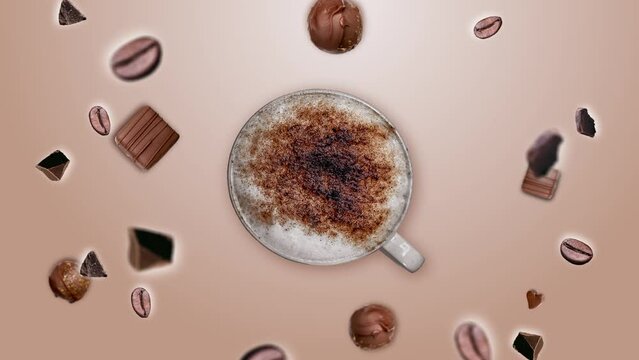 Move different directions chocolate chips and Roast coffee beans explosion on beige gradient background, flying around a cup of  Capuccino. Animation as symbol of morning energy and cheerfulness or ev