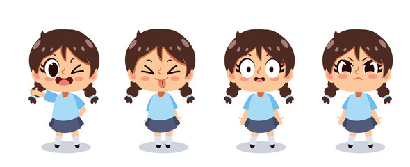 Kawaii cute girl character in various emotion. cartoon vector illustration.