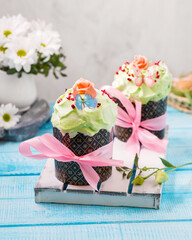 Easter cakes. Painted eggs. Easter background. Spring still life. Panettone.