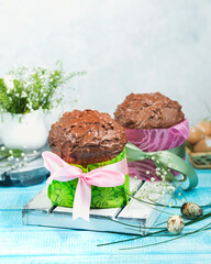 Easter cakes. Painted eggs. Easter background. Spring still life. Panettone with chocolate. 