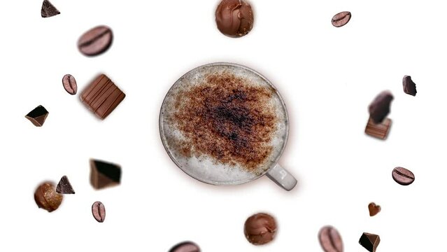 Flow of many different direction and size chocolate chips and coffee beans on a white background. The Concept of Creative motion Design Template for Good morning meal beverage coffee shop. Professiona