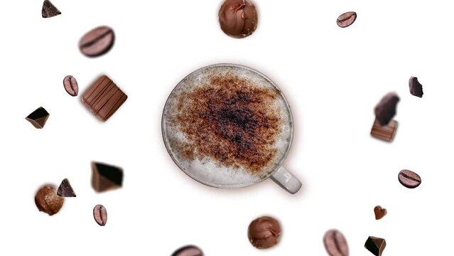 Move different directions and many diameters chocolate chips and Roast coffee beans Falling on isolated background, flying and wiggle around a cup of Capuccino. Animation as symbol of morning energy a