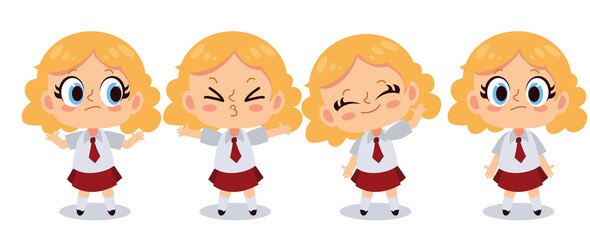 Kawaii cute girl character in various emotion. cartoon vector illustration.