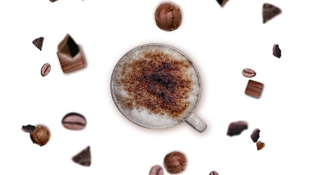 Animated chocolate crumbs and coffee beans of different direction move and wiggle in the air around a cup of Capuccino coffee on isolated. Banner for morning Breakfast drink coffee shop Template.