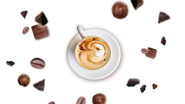 Flying and wiggle of different diameters and sides many chocolate chips and coffee beans around a cup of Capuccino coffee  on a white color background. Beverage for morning energy breakfast concept. 