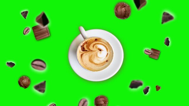 Move different directions and many diameters chocolate chips and Roast coffee beans Falling on isolated background, flying and wiggle around a cup of coffee. Animation as symbol of morning energy 