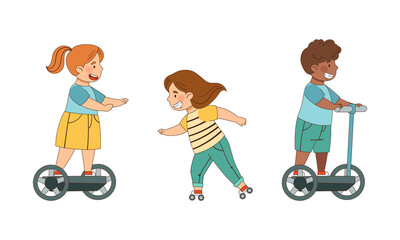 Little Boy and Girl Driving Electric Hoverboard and Roller Skates Enjoying Outdoor Activity Vector Illustration Set