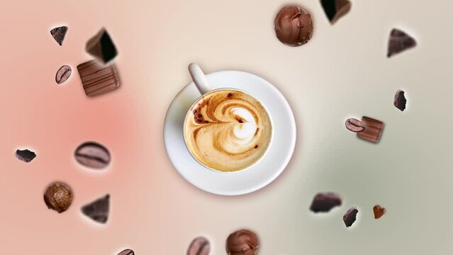 Flow of many different direction and size chocolate chips and coffee beans. The Concept of Creative motion Design Template for Good morning meal beverage coffee shop. Professional motion design 4K 