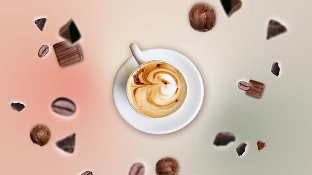 Chocolate crumbs and coffee beans flying in the air among ground cup of  latte coffee on trending pastel multi-colored animation background. Flying motion graphic invigorating Good morning drink. 4k