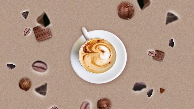 Move different directions chocolate chips and Roast coffee beans explosion on beige gradient background, flying around a cup of  Capuccino. Animation as symbol of morning energy and cheerfulness 