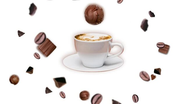 Minimal motion design graphic 4k food animation. Chocolate crumbs and coffee beans explosion and move around a cup of coffee Capuccino at white background. invigorating Good morning drink.