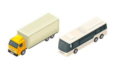 Truck or Lorry and Bus as Motor Vehicle and Urban Transport for Transporting Cargo and Passenger Isometric Vector Illustration Set
