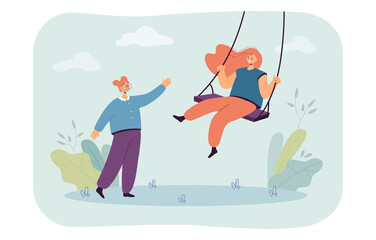 Girl swinging with friend on swing flat vector illustration. Female friends spending time together on playground or park. Friendship, leisure concept for banner, website design or landing web page