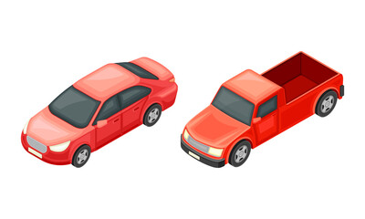 Red Sedan and Pickup Truck as Motor Vehicle and Urban Transport Isometric Vector Illustration Set