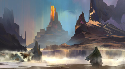 painted fantasy landscape with mountains and a castle