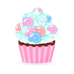 Cartoon cupcake icon. Illustration of birthday cupcake decorated with little sea shells and pearl sprinkles. Vector 10 EPS.
