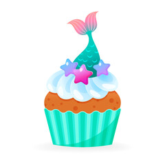 Cartoon cupcake icon. Illustration of birthday cupcake decorated with mermaid tail and star sprinkles. Vector 10 EPS.