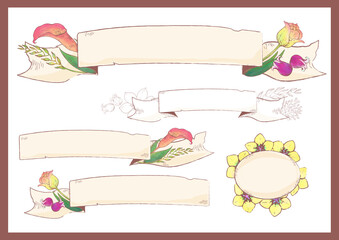 春のリボンフレーム素材　装飾枠　花柄　チューリップ　カラー　ベクター