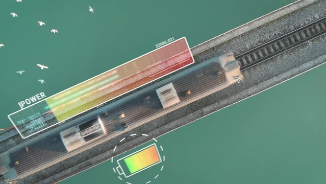 Electric train future technology battery charge concept, aerial view infographic