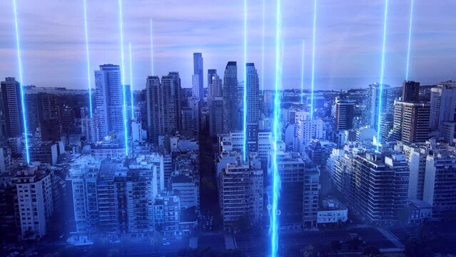 Drone trucking shot of modern Skyline of Buenos Aires with blue glowing digital lines and binary codes - Futuristic Concept with data communication and Technological Motion Graphic - 4K UHD