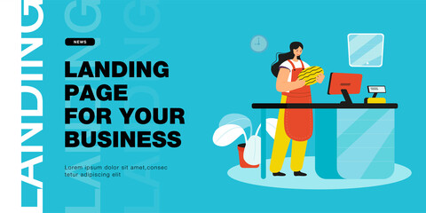 Young female cashier with watermelon at checkout. Vector illustration