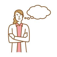 腕を組み何かを想像する若い女性