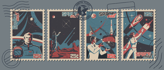 Retro Space Postage Stamps Style Illustrations, Astronauts, Space Rockets, Planets © koyash07