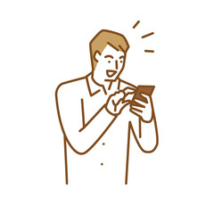 スマートフォンを手に持って喜ぶ若い男性