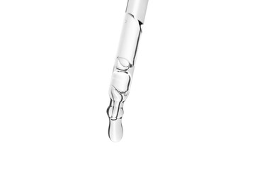 Liquid serum or water drop from laboratory glass pipette on white background with clipping path