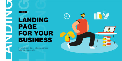 Man doing sport exercise on laptop online at home during lockdown because of coronavirus. Fit guy watching video or webinar doing virtual workout flat vector illustration. Training, self care concept