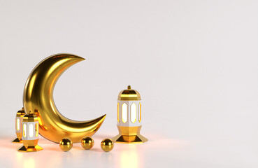 Modern 3 d Islamic holiday banner in gold design.
Display podium with Ramadan lanterns, metal moon and mosque portal.