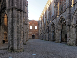 San Galgano, Chiusdino (SI), Italy - February 12, 2022: Ruins of the former Cistercian abbey...